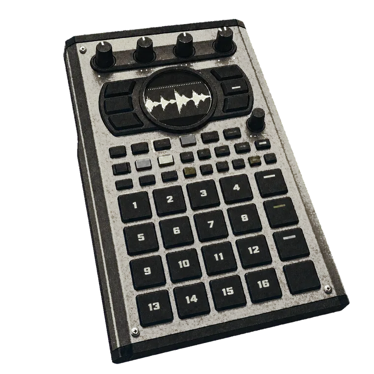 Illustration of a sixteen-pad sampler with a waveform display and four knobs