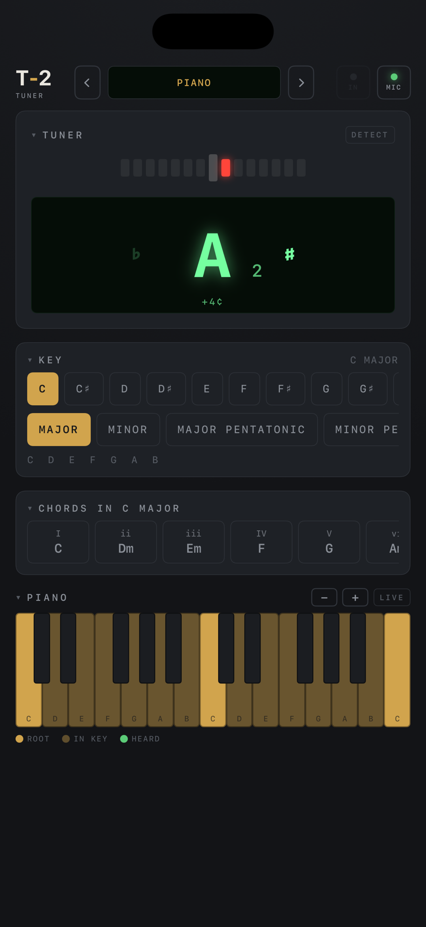 T-2 set to piano, key of C major: the keyboard lit with the notes of the key, brass on the roots, black keys sitting out